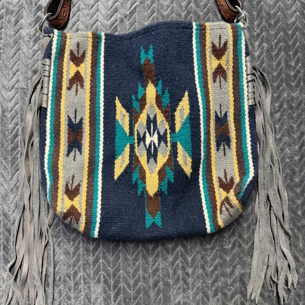 Handmade Southwestern Wool Fringe Blanket Crossbody Bag Tooled Leather Strap - Picture 2 of 9